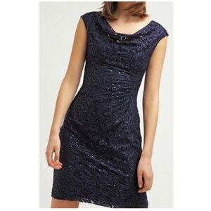 Ralph Lauren Lace Sequins Cowl Neck Sleeveless Dress, Navy, 10